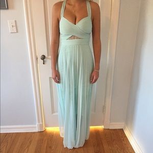 Aqua V-neck Illusion Lace Inset Prom Gown
